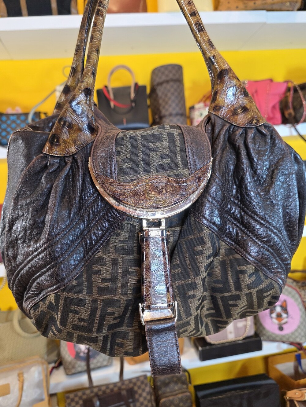 Fendi Spy Brown Zucca Canvas Shoulder Bag with Textured Leather Trim